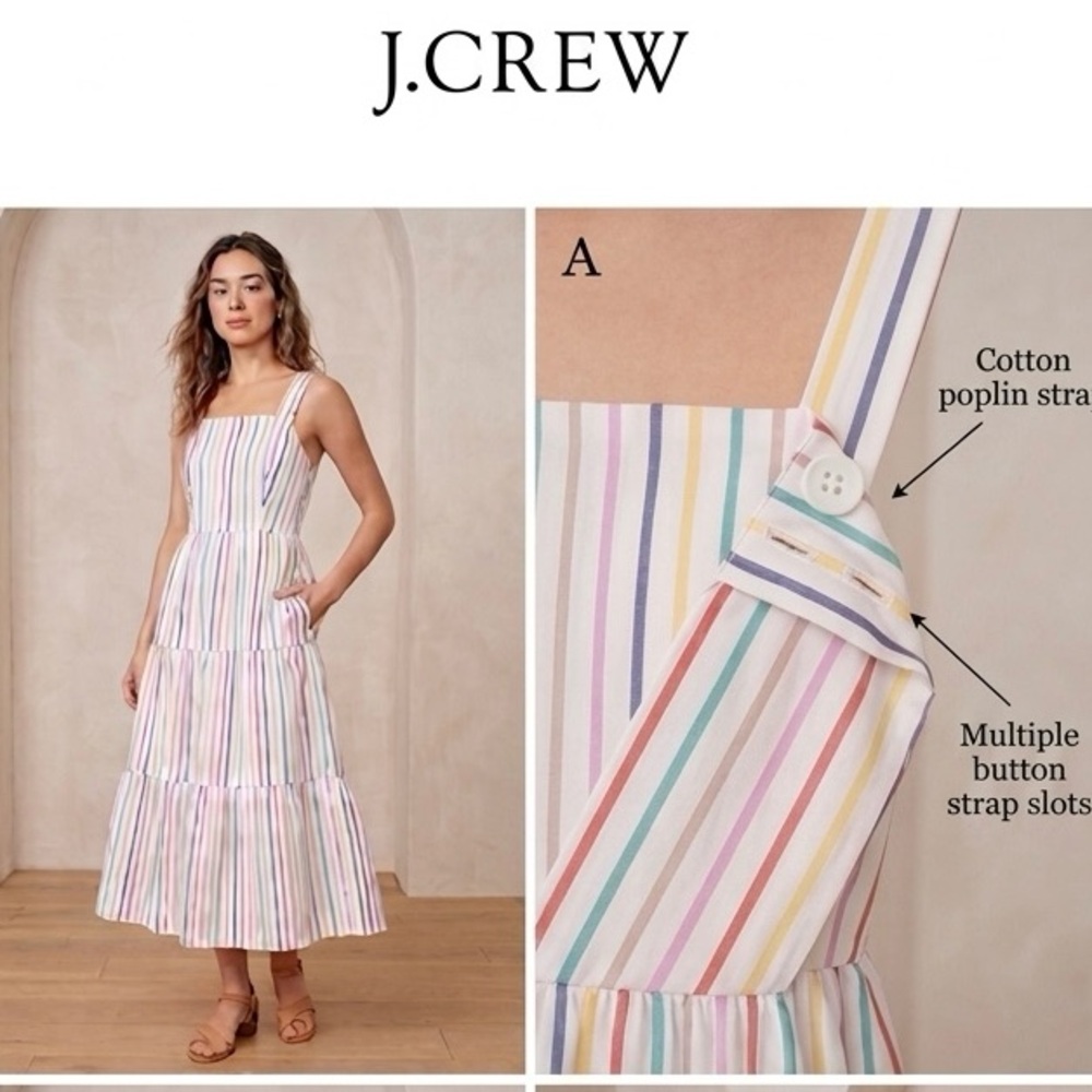J Crew Tiered Cotton Poplin Striped Sundress - Rainbow Pride White Pastel Maxi 8